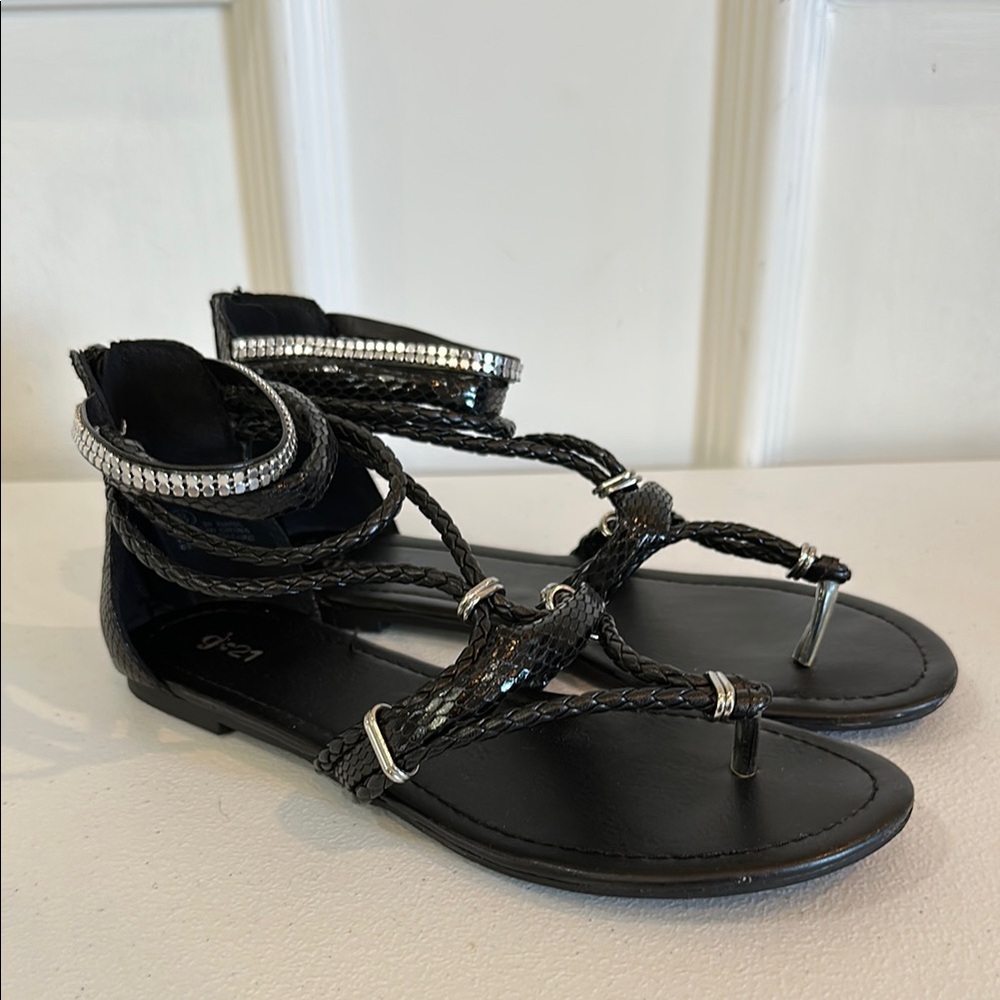 Black Braided Leather Sandals with silver accents
